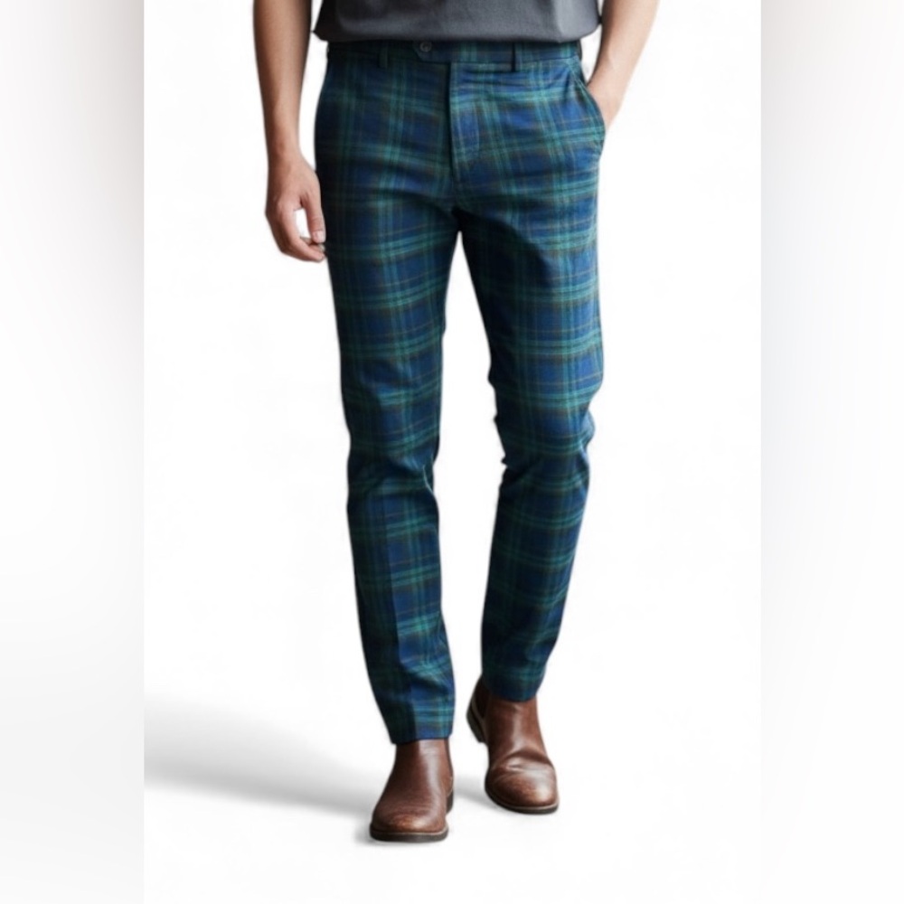 NEW Barabas Plaid Pants Navy Blue Lime Green Men's Sz 36x30 Slim Fit Trouser NWT